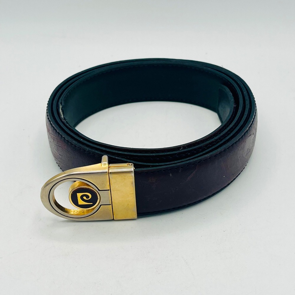 Pierre Cardin Vintage Italy Leather Belt Gold Logo Buckle Reversible